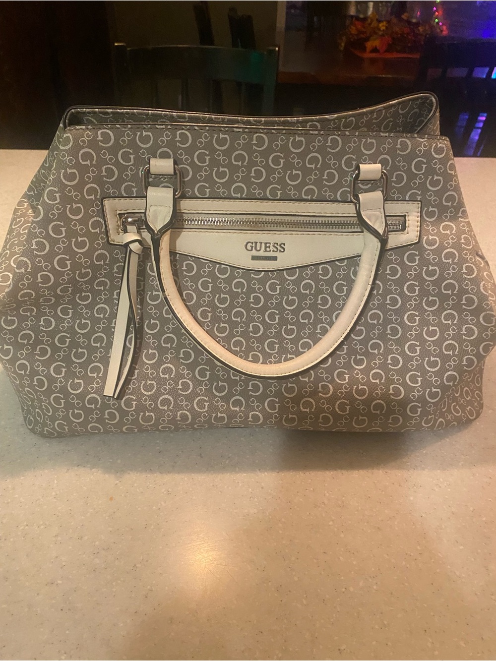 GUESS Gray Monogram Satchel with Cream Trim